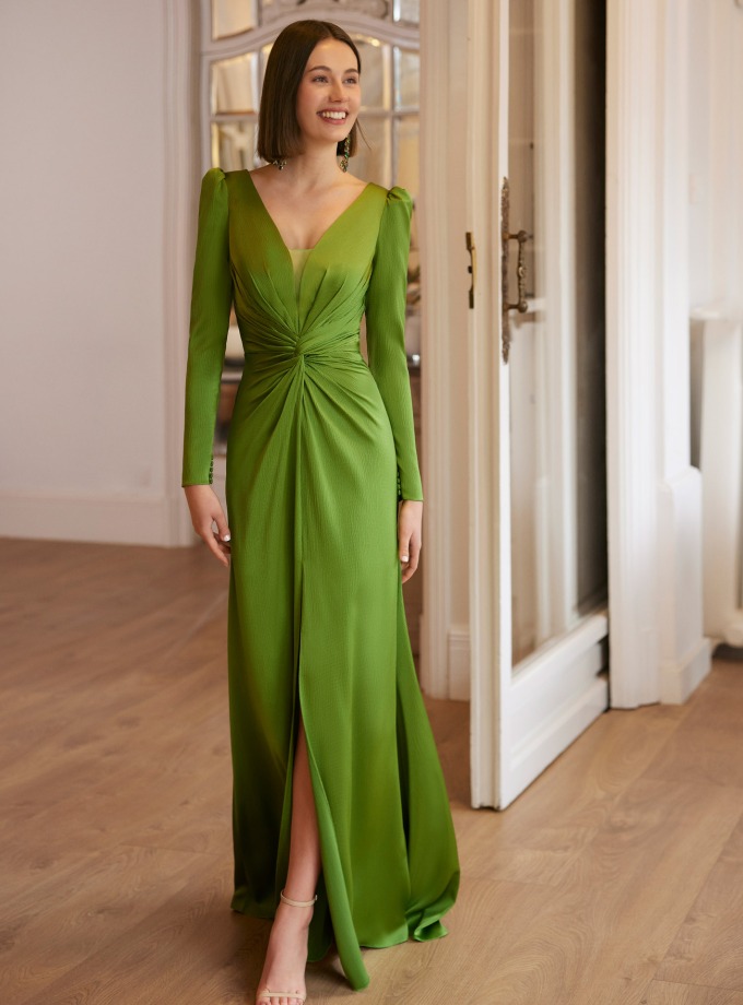 Vestidos de chiffon con tirantes de encaje y escote en V con bolsillos Verde