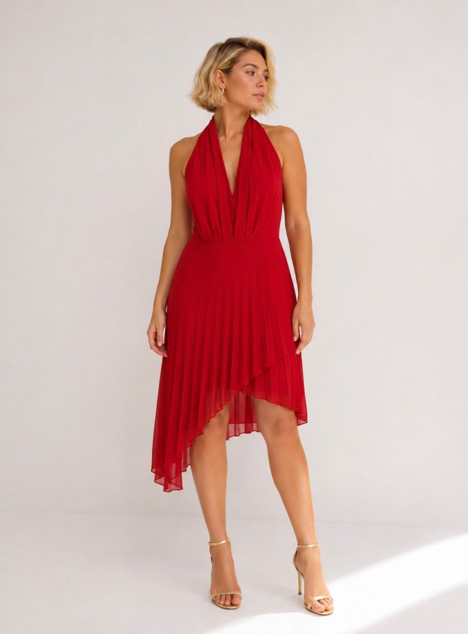 Vestido midi en plisado rojo