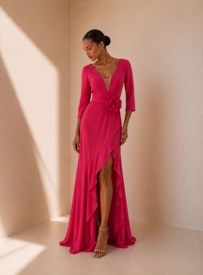 Vestido de invitada con abertura delante y falda con volante