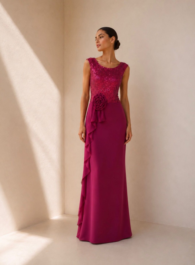 Vestido de invitada fucsia con lentejuelas en el cuerpo y roseton en cintura