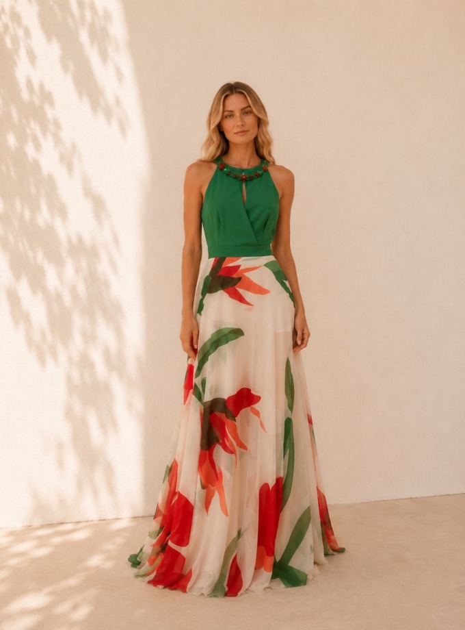 Vestido de invitada largo con falda estampada y cuerpo de raso verde andalucía