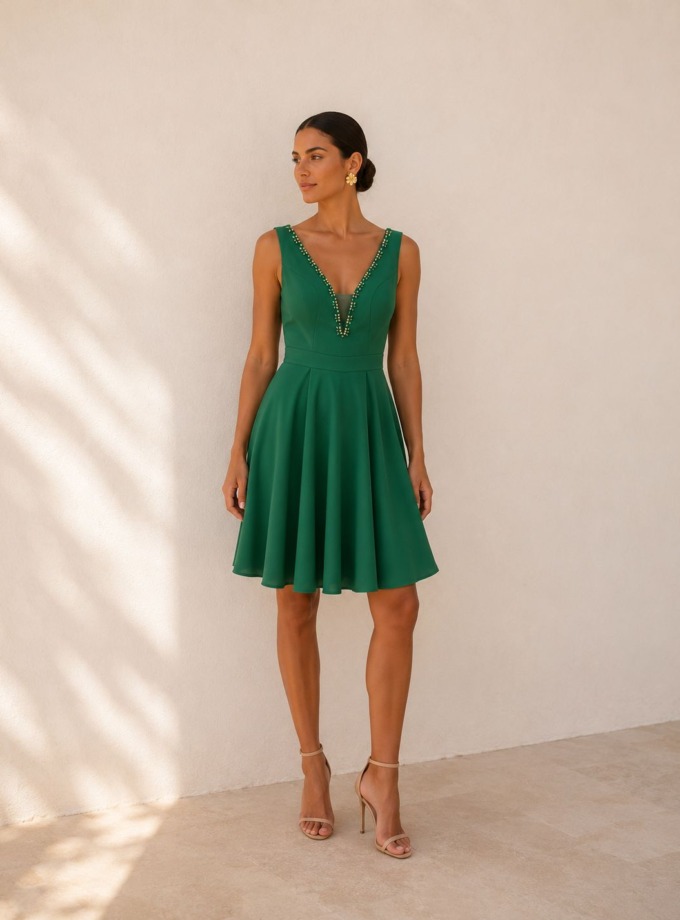 Vestido de invitada corto de capa con pedrería en el escote de V