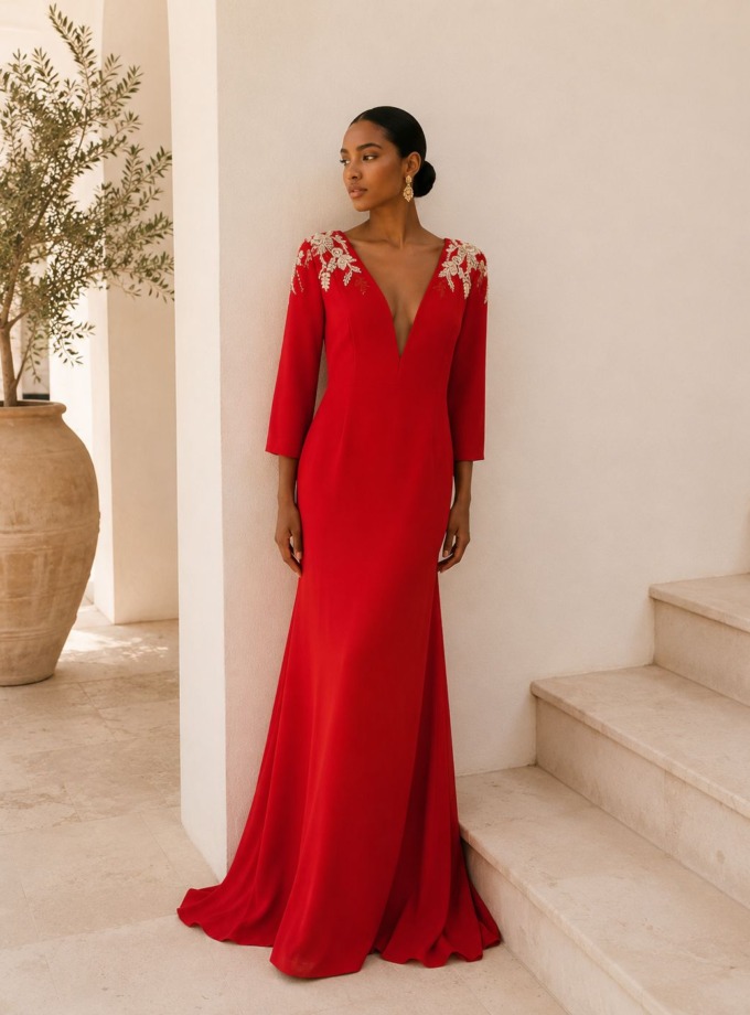 Vestido de invitada largo sirena con escote de pico