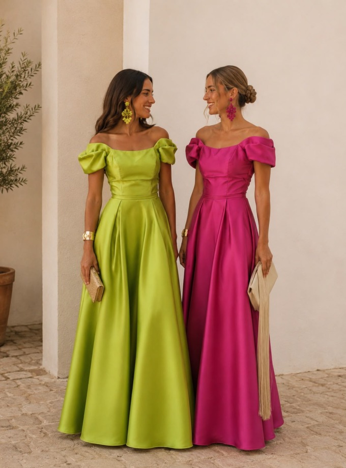 Vestido de invitada largo con cintura de tablas y manga farol corta