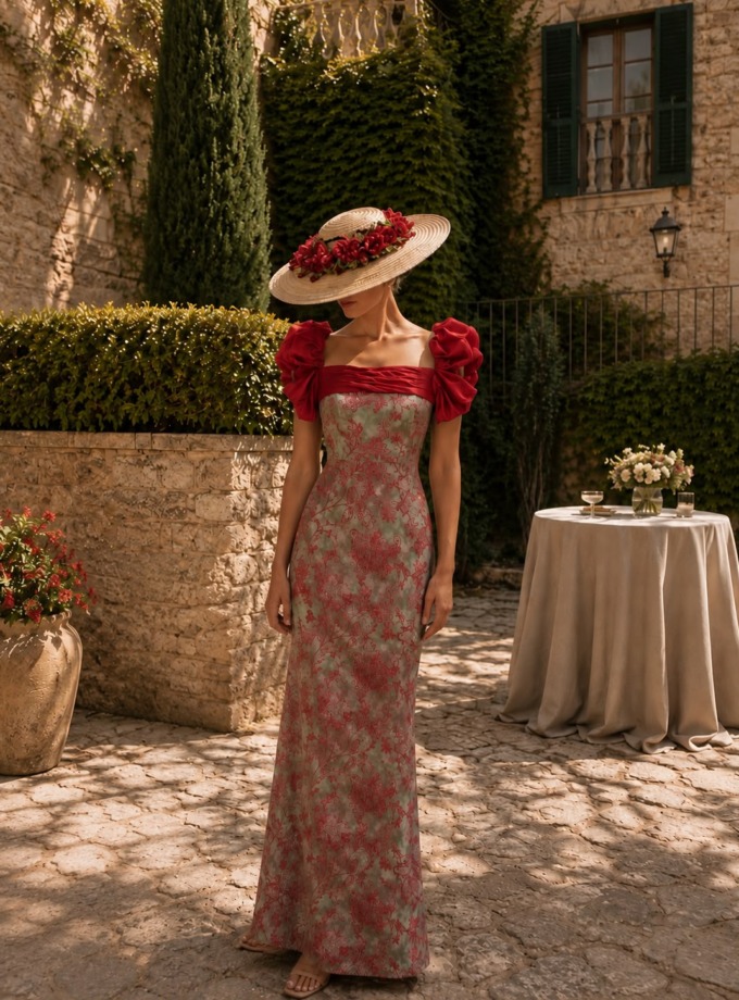Vestido de invitada largo, estampado en fondo verde seco con flores burdeos y mangas y drapeado coordinado en burdeos