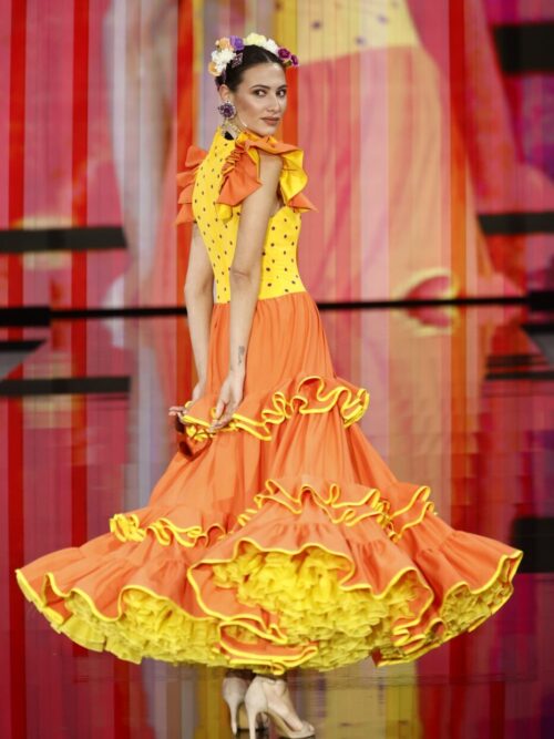 Traje de flamenca amarillo y naranja canastero