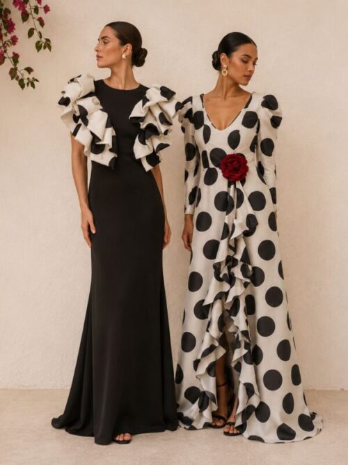 Vestido de inspiración flamenca en mikado gris plata y azul marino