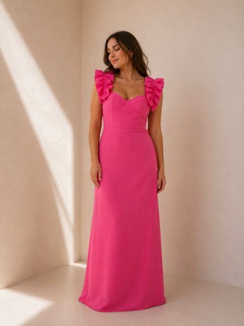 Vestido largo con forma de corset en crec de licra rosa chicle