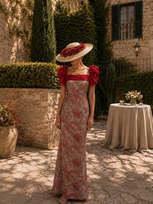 Vestido largo, estampado en fondo verde seco con flores burdeos