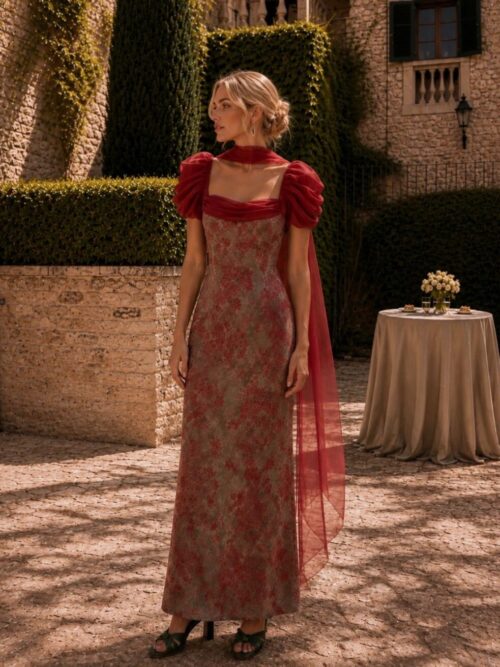 Vestido largo, estampado en fondo verde seco con flores burdeos